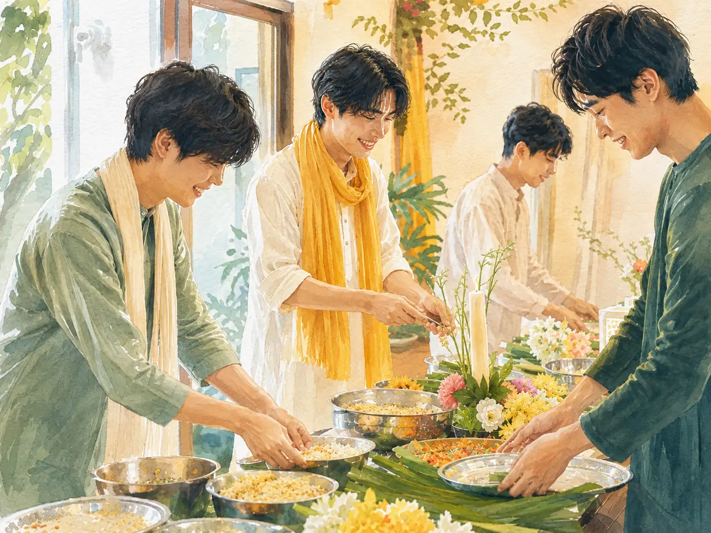 食事とイベント準備の奉仕に参加する日本の若い男性たち